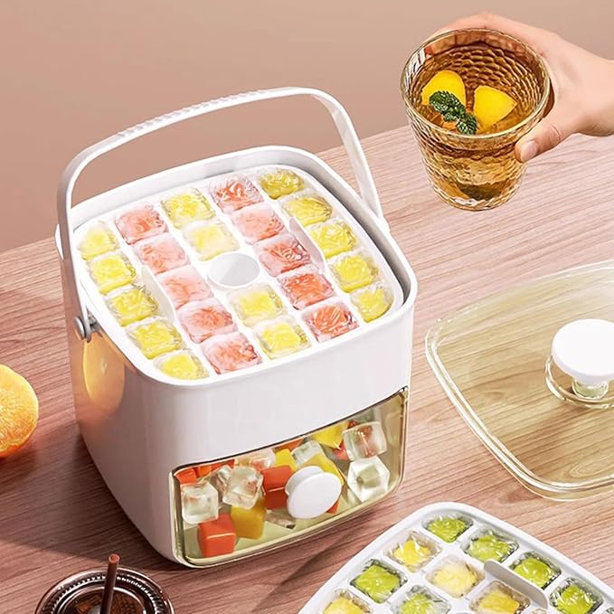 MAVIS LAVEN Ice Cube Maker Ice Tray Set with 2 Trays and Storage Bin for 120 Cubes Easy Release Button Design Food Grade PP Material Silicone Handles Dust Proof Lid (Milk White)