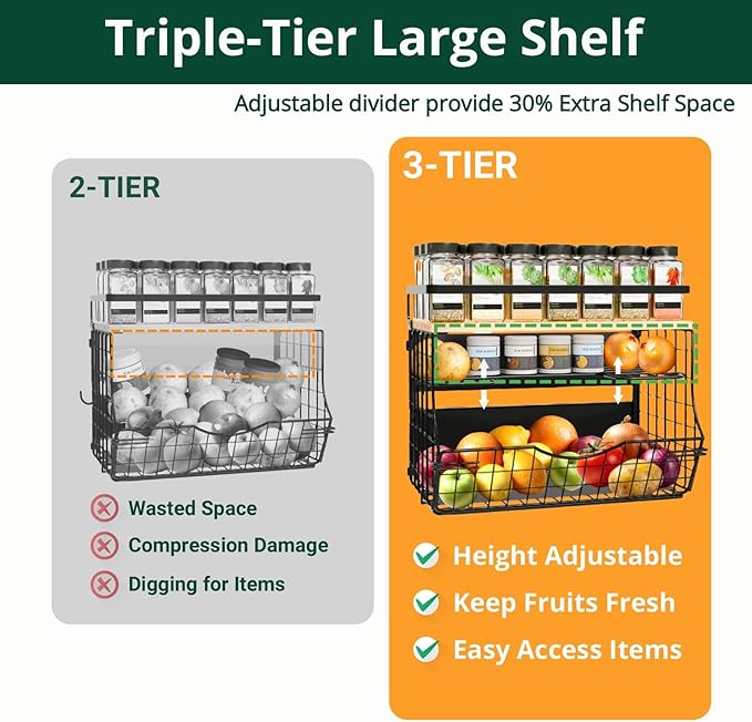 Magnetic Shelf for Fridge with Wood Lid, Fruit Potato and Onion Storage Bins, Kitchen Large Container Magnetic Spice Rack for Refrigerator, Kitchen Counter, Tools, Snack (BLACK, 2 Pack)