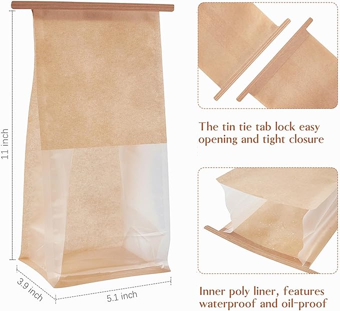 Ocmoiy 100Pcs Bakery Bags with Window, Resealable Tin Tie Tab Lock Bread Storage Bag, Clear Front Snack Bags for Packaging Cookies, Loaf, Popcorn, Paper Treat Bags