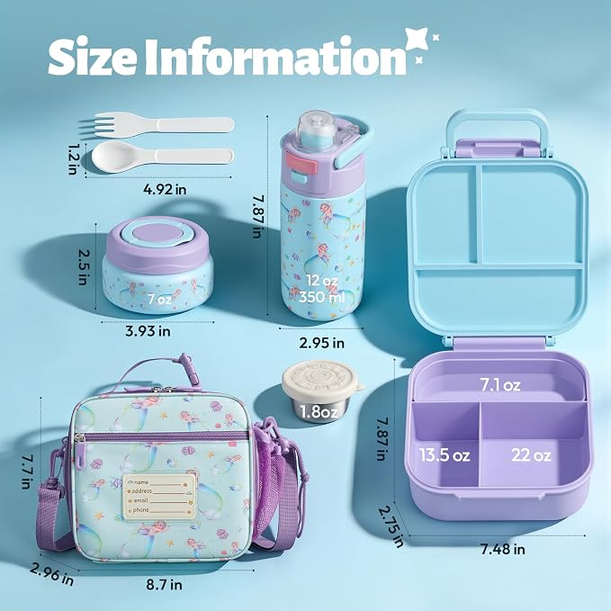 Itslife Bento Box for Kids Set, insulated food container,kids lunch box, 7 oz thermos for hot food, 12 oz thermos water bottle, Reusable Insulated Ice Bag & Fork Spoon Utensils Camping Travel Purple