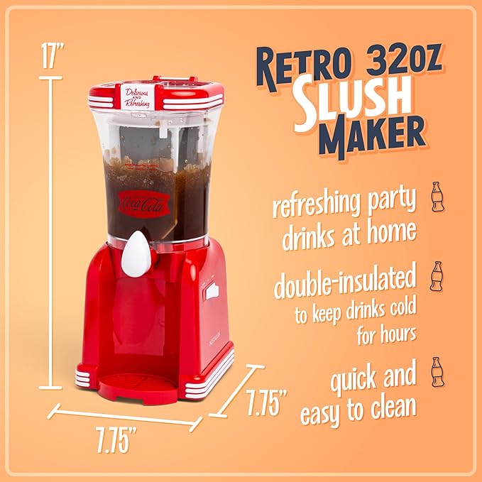 Nostalgia Coca-Cola Frozen Drink Maker and Margarita Machine for Home - 32-Ounce Slushy Maker with Stainless Steel Flow Spout - Easy to Clean and Double Insulated - Red