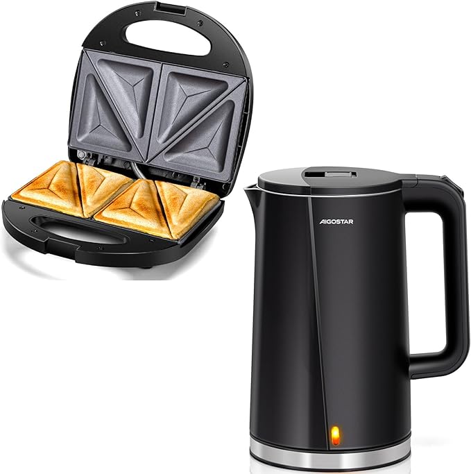 Aigostar 2in1 Sandwich Maker Panini Press Grill with Nonstick Plates, and Aigostar Panini Press, 1200W Sandwich Maker and Electric Indoor Grill with Ceramic Non-Stick Coated Plates, Opens 180°