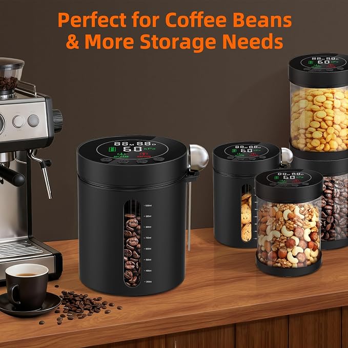 Automatic Vacuum Coffee Canister, 1.3L Coffee Container with Smart Pressure Sensor,LED Display,Window,Scoop Rechargeable Airtight Electric Coffee Bean Storage for Home Kitchen Ground Food Tea Storage