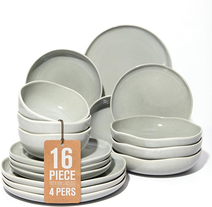 Pokini Plates and Bowls Sets, 16 Pieces Dinnerware Set for 4 with Pasta Bowls, Handmade Dishes Set, Chip Resistant Dishware Sets, Microwave Safe Dinner Set, Designed for Interactive Meals, Gray Green