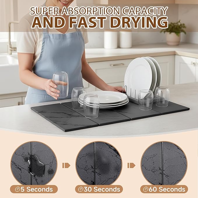 Large Stone Dish Drying Mat for Kitchen Counter,24"(L)×16"(W),Quick Dry Super Absorbent Drying Matt Kitchen Counter,Collapsible Diatomaceous Earth Dish Mats,for Dishes Bottles Cups,Any Countertop