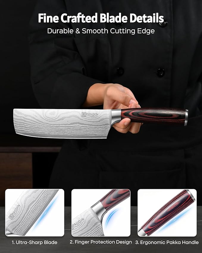 PAUDIN Nakiri Knife - 7" Razor Sharp Meat Cleaver and Vegetable Kitchen Knife, High Carbon Stainless Steel, Multipurpose Asian Chef Knife for Home and Kitchen with Ergonomic Handle