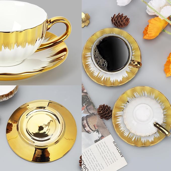6 Pack 100ml Espresso Coffee Cups with Saucers, White Porcelain with Gold Electroplated Brushstroke Rim, Pumpkin Textured Ceramic Tea Cup Set for Cappuccino, Latte, Tea, Juice, Home & Party Use