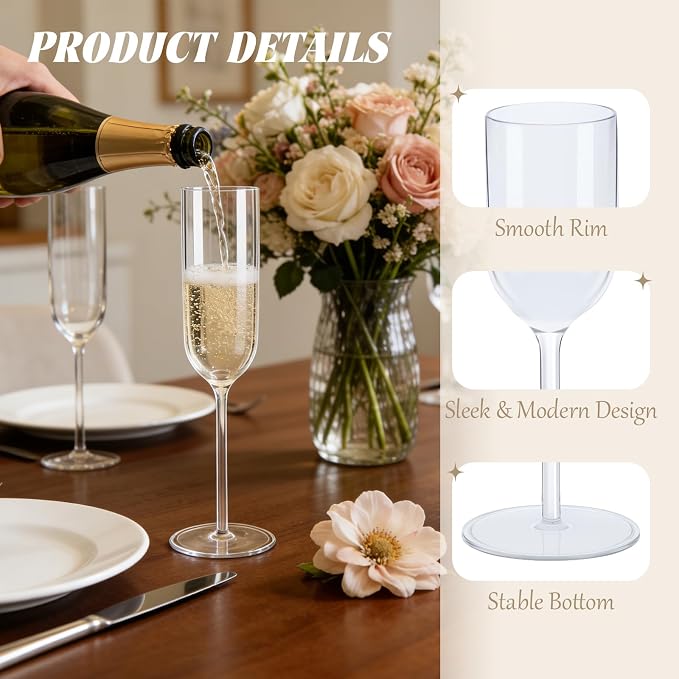 Plastic Champagne Flutes Set, 6oz Unbreakable Champagne Glasses Bulk, Shatterproof Reusable Mimosa Prosecco Sparkling Wine Cups for Wedding Party (Clear, 10pcs)