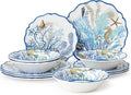 Blue Lagoon Melamine 12-Piece Dinnerware Set – Coastal Coral and Shell Design, Service for 4 – 11" Dinner Plates, 9" Salad Plates, and 28oz Bowls – Durable, Lightweight, BPA-Free, Dishwasher SafE