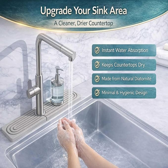Faucet Mat for Kitchen Sink – Diatomite Stone Drip Catcher, Fast Drying & Water Absorbing Splash Guard, Countertop Protector Behind Faucet, Non-Slip Sink Tray, Light Grey 23.6" x 3.9"