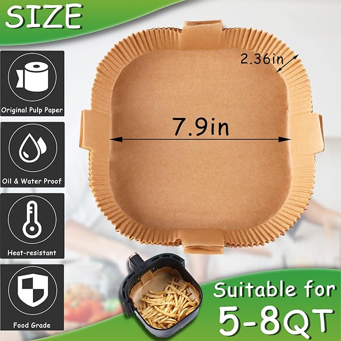 Air Fryer Disposable Paper Liner - 100PCS 7.9In Square Non-Stick Insert Parchment Paper Liners, Oil-proof, Water-proof Cooking Baking Roasting Filter Sheet for Airfryer Basket, Microwave, Oven, Dryer
