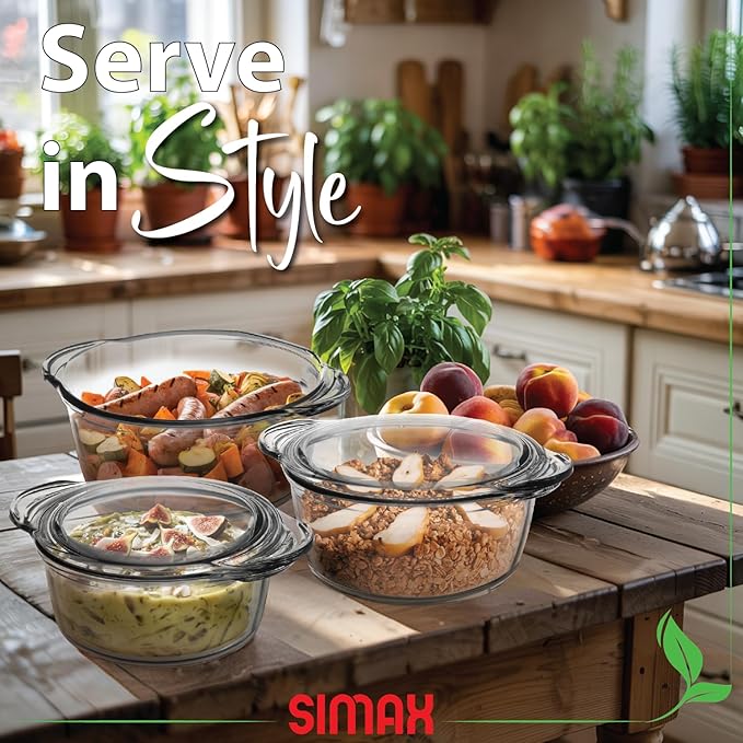 Simax Glass Casserole Dishes for Oven, Set of 3, 1.50, 1.75 & 3 Qt | With Lids, For Oven, Baking Dishes, Lead-Free Cookware