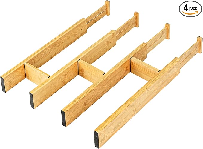 EcoFives Adjustable Bamboo Drawer Dividers with Inserts, Expandable Spring-Loaded Drawer Organizer for Kitchen, Clothes, Tools, Silverware, Bamboo Organizer Separators - 4 Large Pieces