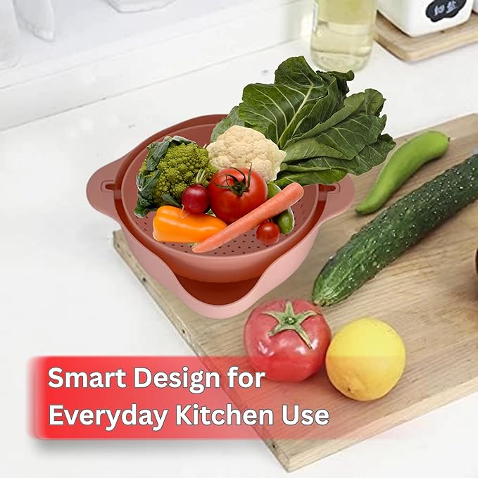 Modern Creative Double Layer Vegetable & Fruit Washing Basket – Durable Plastic Strainer in Pink–Multipurpose Kitchen Colander for Washing, Draining & Serving – Space-Saving Lightweight