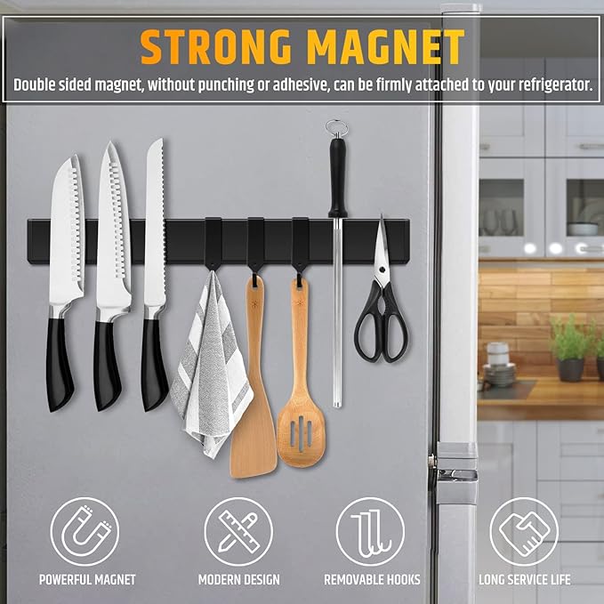 Fridge Applicable 17 Inch Double Sided Magnetic Knife Holder - Stainless Steel Knife Strip With Powerful Magnetic Pull Force - Use as Kitchen Knife Holder, Knife Rack & Tool Holder - Matte Black