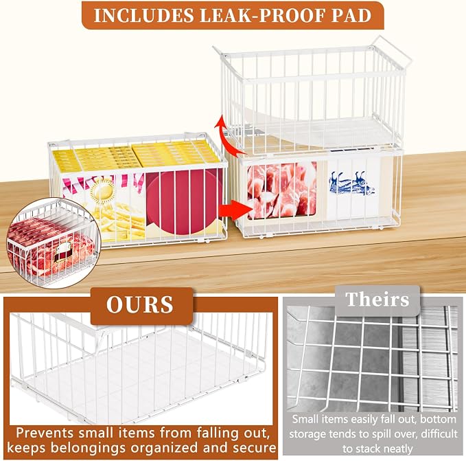 Large Freezer Organizer Bins, Upgrade Quick Expand/Collapse Feature, for 5-9 Cu.Ft Deep Freezer, 4 Pack Stackable Deep Freezer Organizer Bins, Black Wire Foldable Baskets White 4 Pack