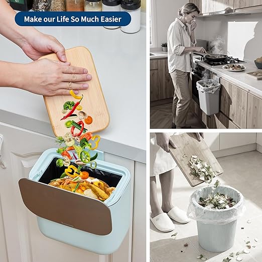 Hanging Kitchen Trash Can with Lid - 1.8 Gallon Small Compost Bin for Cabinet Door, Under Sink - Odor-Sealing Stainless Steel Top Food Waste Bin for RV, Bathroom, Office - Indoor Recycling Bin