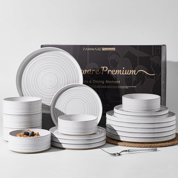 18-Piece Reactive Glaze Stoneware Dinnerware Sets for 6 - High Edge Plates and Bowls with Speckles & Spirals - Chip & Scratch Resistant, Microwave & Dishwasher Safe - Gift Box, White