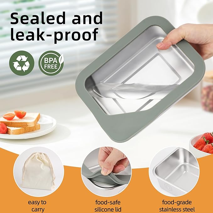 Stainless Steel Bento Box for Kids Adults, 1200ml/40oz with Removable Divider, Airtight Leak Proof Glass Lid, Freezer & Dishwasher Safe Lunch Box (40.58oz)