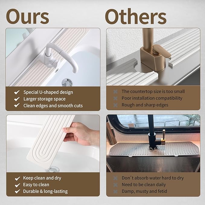 Faucet Mat for Kitchen Sink, Diatomite Stone Drying Sink Protectors, Bathroom Faucet Splash Guard, Quick Dry Water Absorbing, Non-Slip Stone Tray for Kitchen Counter, White, 20" x 3.9"