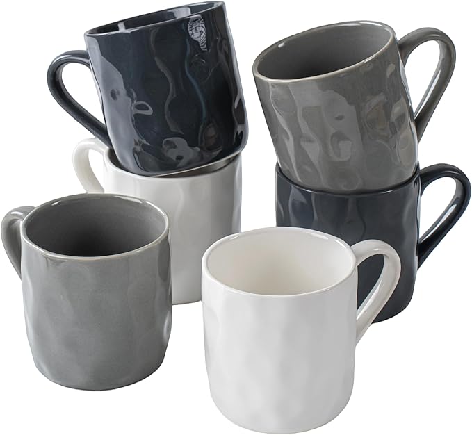 Porcelain Coffee Mugs, Set of 6, 12oz, Dark Blue, White, Grey | Hand-Pinch Textured Ceramic, Microwave & Dishwasher Safe, Non-Toxic, Stylish Gift