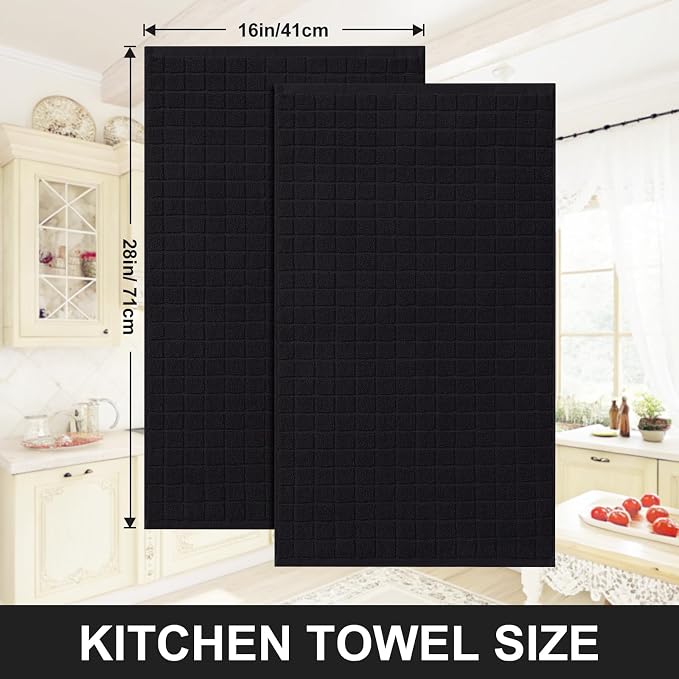 Homaxy Premium Cotton Kitchen Towels 16"x 28", Large Natural Ring Spun 390 GSM Dish Towels, Super Absorbent Terry Kitchen Hand Towels, Soft Tea Towels with Hanging Loop, Pure Black Design, 4 Pack