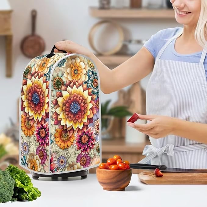 Bright Floral Blender Cover Toaster Cover Boho Mandala Floral 2 Slice Coffee Maker Appliance Covers Washable Cover Anti Fingerprint Protection