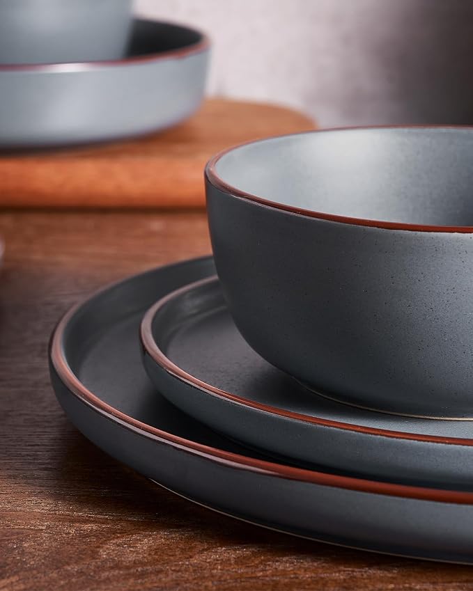 Famiware Mercury 24 Pieces Dinnerware Sets, Plates and Bowls Sets for 8, Microwave and Dishwasher Safe Dish Set, Charcoal