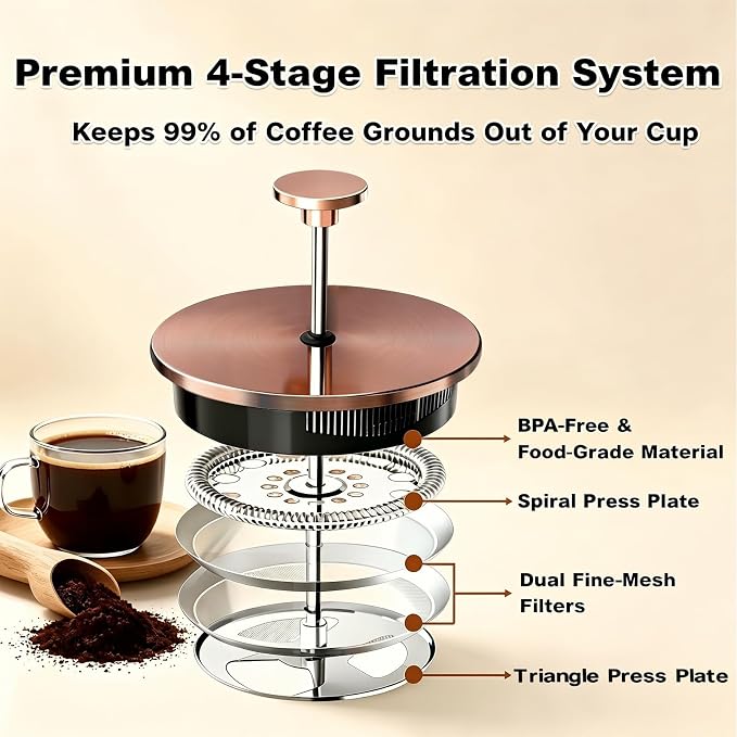 QUQIYSO French Press Coffee Maker, Large French Press with Thick Borosilicate Glass, 304 Stainless Steel Filter, Teapot & Coffee Maker for Home, Office, Party, 51oz, Copper