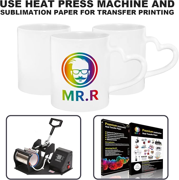 MR.R Sublimation Blanks Dishwasher White Ceramic Coffee Mugs 11oz Blank Ceramic Classic Drinking Cup Mug with Heart Handle For Milk Tea Cola Water, Set of 6…