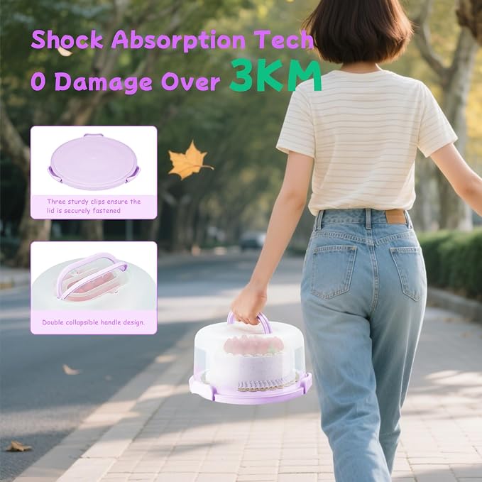 Cake Carrier With Lid And Handle, Bpa-Free Cake Holder With Lid For 10 Inch Round Cake Carrier With 10 pcs Round Golden Cake Boards And Portable Insulated Bag（Purple）