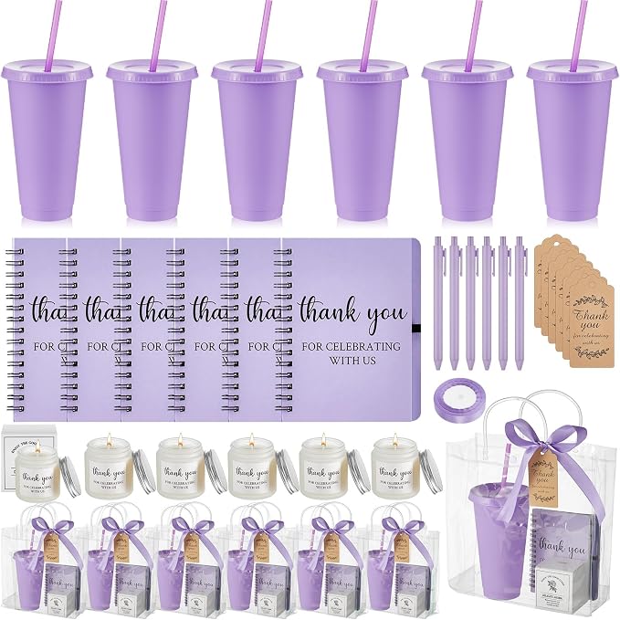 Nuogo 6 Sets New Parent Shower Prizes for Player Winners Adult, Wedding Bridal Shower Gift, Plastic Tumbler Notebook Scented Candle Ballpoint Pen Bag (Purple Color,Classic Style)