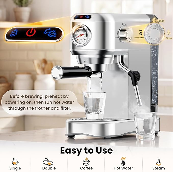Espresso Machine 20 Bar, Compact Espresso Coffee Machine with Milk Frother, Stainless Steel Coffee Maker with 34oz Removable Water Tank, Cappuccino Machine for Home, Office, Latte (Silver)