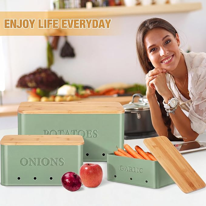 Honeydak 3 PCS Sage Green Potato Onion Garlic Storage Bins Set, Metal Vegetable Keeper Containers with Lids Aerating Holes for Kitchen Counter Pantry Keep Fresh Longer Farmhouse for Sweet-potato Fruit