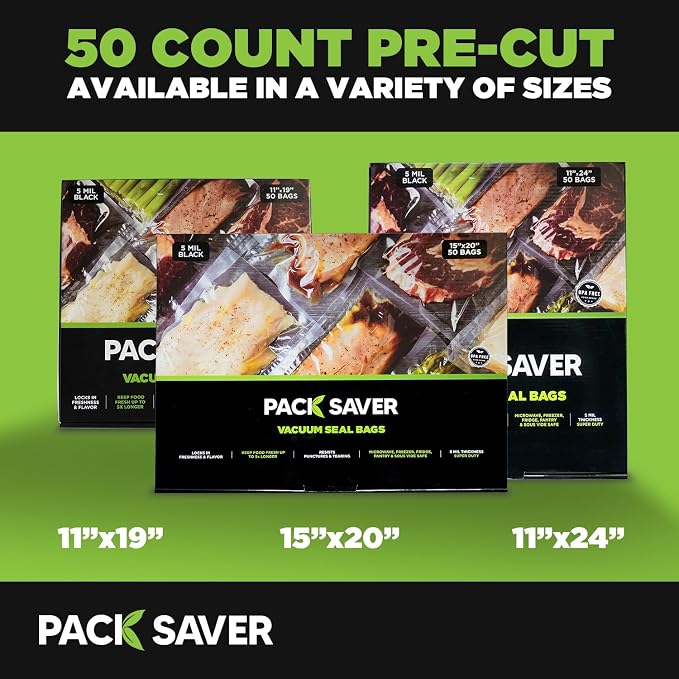 Vacuum Sealer Bags 50 Pack - 11"x24" Heavy Duty Pre-Cut Food Storage Bags for Food Saver, Meal Prep, Sous Vide - Commercial Grade BPA Free (Clear & Black)