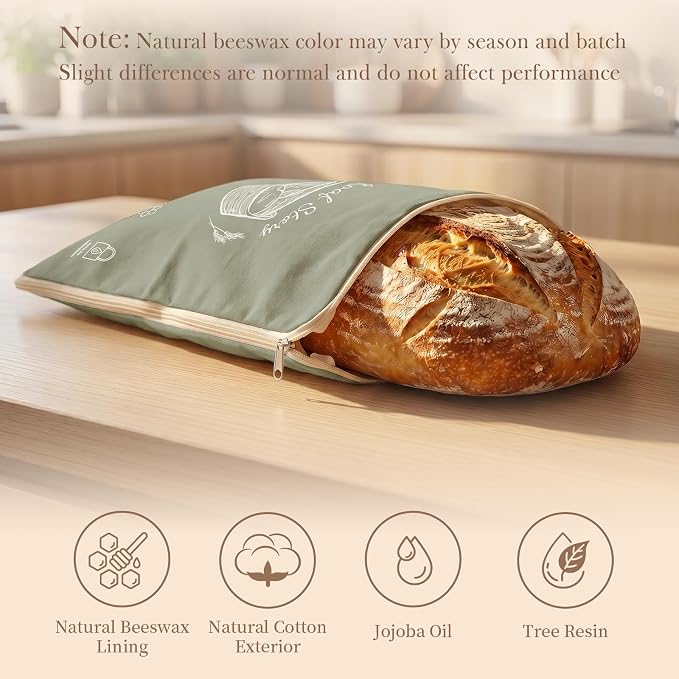 Beeswax Sourdough Bread Bags with Wide Zipper Access, 2 Pack XL 13" x 17" Reusable Linen Cotton Bread Bags for Homemade Bread, Keeps Bread Crusty Outside & Fresh Inside