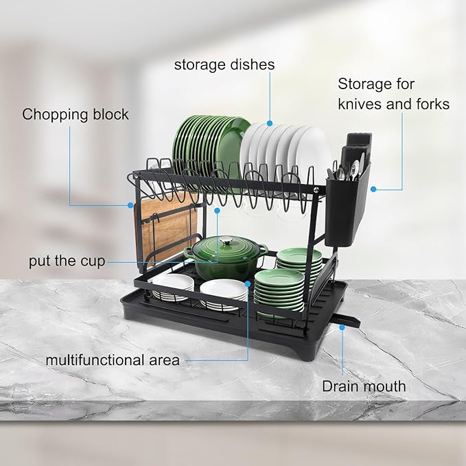 2 Tier Dish Drying Rack Large Extendable Dish Racks for Kitchen Counter or Over Sink Dishrack with Drainboard 2-in-1 Anti-Rust Dish Drainer with Utensil Holder(Black)
