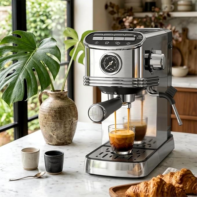 Kndko Espresso Machine, 20 Bar Espresso Maker with Milk Frother Steam Wand, with 45 OZ Removable Water Tank, Latte & Cappuccino Machine for Home, Office, Stainless Steel Color