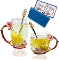 Tea Cup Glass Coffee Mugs,Fancy Cup Set Birthday Christmas Valentine's Day Gift Idea for Tea Lover and Women Novelty Coffee Mugs Lily Flower Enamel Tea Cup with Spoon