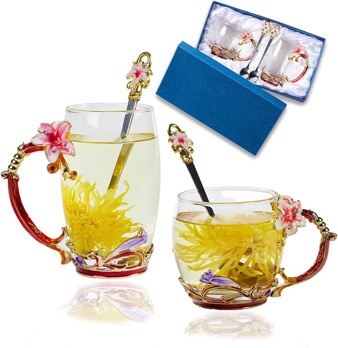 Tea Cup Glass Coffee Mugs,Fancy Cup Set Birthday Christmas Valentine's Day Gift Idea for Tea Lover and Women Novelty Coffee Mugs Lily Flower Enamel Tea Cup with Spoon