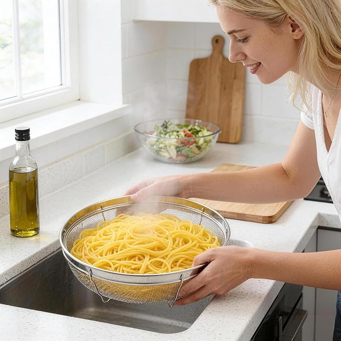 Fine Mesh Strainer for Kitchen, Stainless Steel Colander Bowl for Pasta, Rice, Fruit, Metal Net Baskets with Resting Base - Strain, Drain, Rinse (Diameter 11.02 inch)