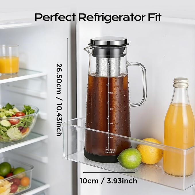 Cold Brew Coffee Maker 48oz/1.4L, Airtight Glass Carafe with Extended Fine Mesh Stainless Steel Filter, Iced Tea & Fruit Pitcher with with Handle and Removable Base