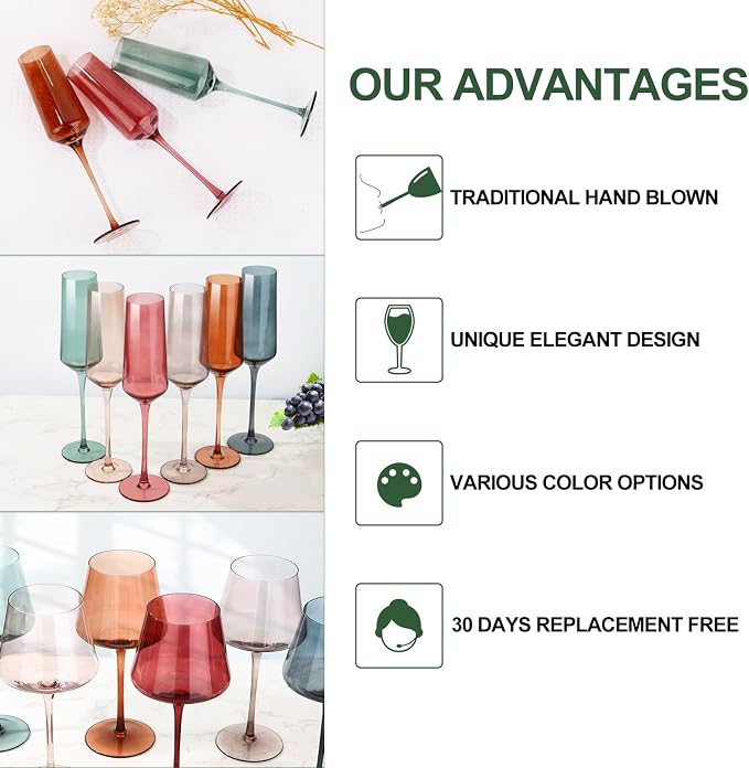Colored Champagne Flutes Set of 6, Large 8 Oz Hand Blown Crystal Glasses, Lead-Free Colorful Glasses, Italian Style Tall Stemmed Glassware-Elegant Gift Box for Wedding, Party, Holidays, Birthdays