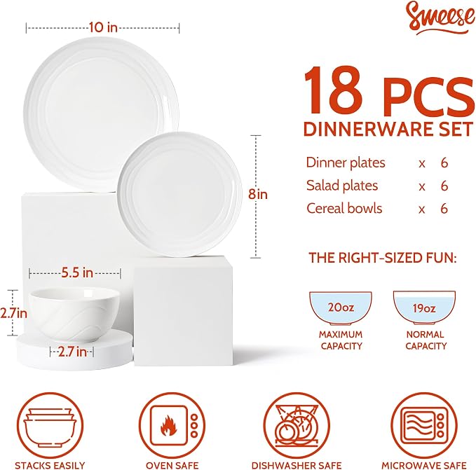 Sweese Porcelain Dinnerware Sets for 6, 18 Pieces Plates and Bowls Sets, Handcrafted Minimalist Dinner Set, Chip and Scratch Resistant Dish Set, Dishwasher & Microwave Safe, White
