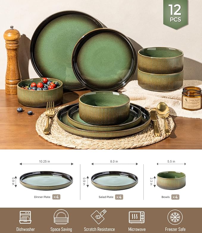GBHOME 12-Piece Stoneware Dinnerware Set for 4 – Ribbed Ceramic Plates and Bowls, Scratch-Resistant, Microwave & Dishwasher Safe, Reactive Glaze, Rustic Green Gradient