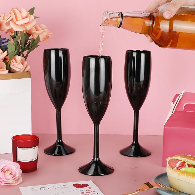 Domensi 40 Pack Black Acrylic Champagne Flutes Bulk 6 oz Unbreakable Reusable High Stem Plastic Toasting Goblets for Wedding, Party, Camping & Restaurant