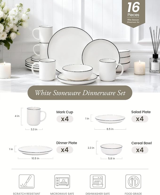 OTAGO 16-Piece Porcelain Dinnerware Set for 4 with Mugs, White Stoneware Plates and Bowls Sets, Ceramic Dish Set for Kitchen, Dinner & Dining, Black Rim, Microwave & Dishwasher Safe