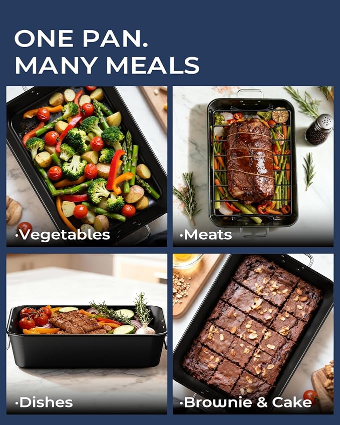 Turkey Roasting Pan with Rack Non stick Carbon Steel Roaster 16x11 Inch, Dishwasher Safe, Deep Baking Broiler Pan for Oven Chicken, Bacon, Black