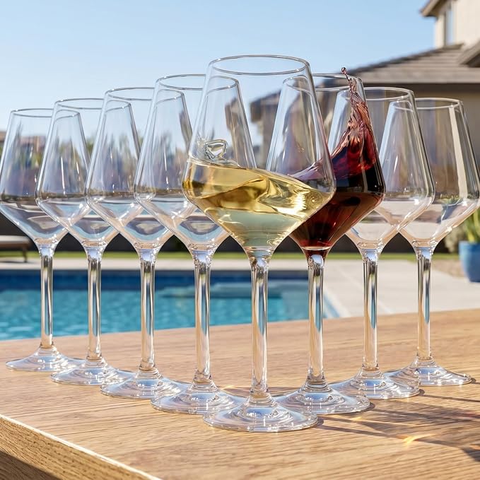 Unbreakable European Style Plastic Crystal, Stemmed Wine Glasses | Set of 8 | Acrylic Tritan Drinkware, Unbreakable Clear Color Shatterproof BPA-free, Reusable, Floating Pool & Indoor & Outdoor, 18oz