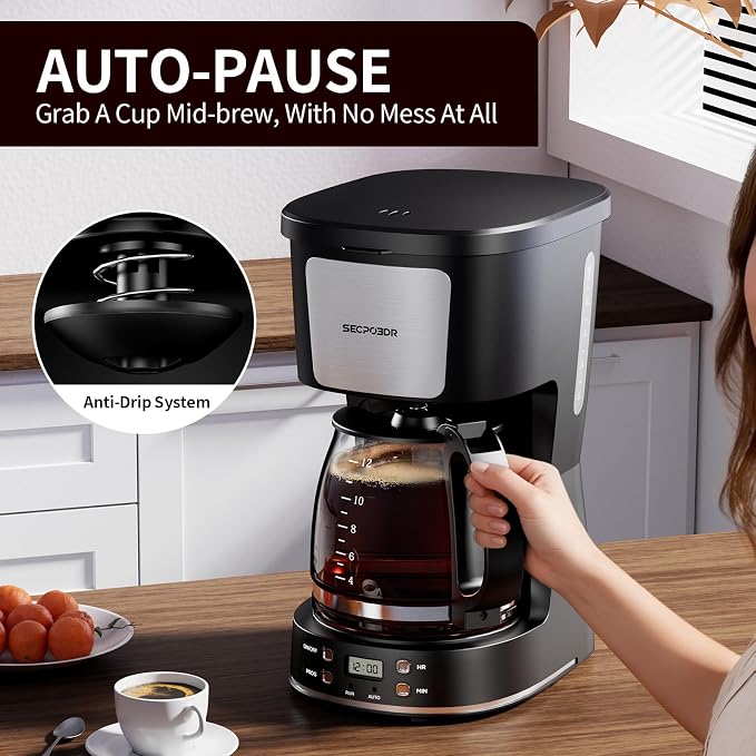 Programmable 12 Cup Drip Coffee Maker, Silver, Stainless Steel | Auto Brew, Keep Warm Function, Removable Filter Basket, Auto Shut-off, Clear Water Level Window,Silver and Black